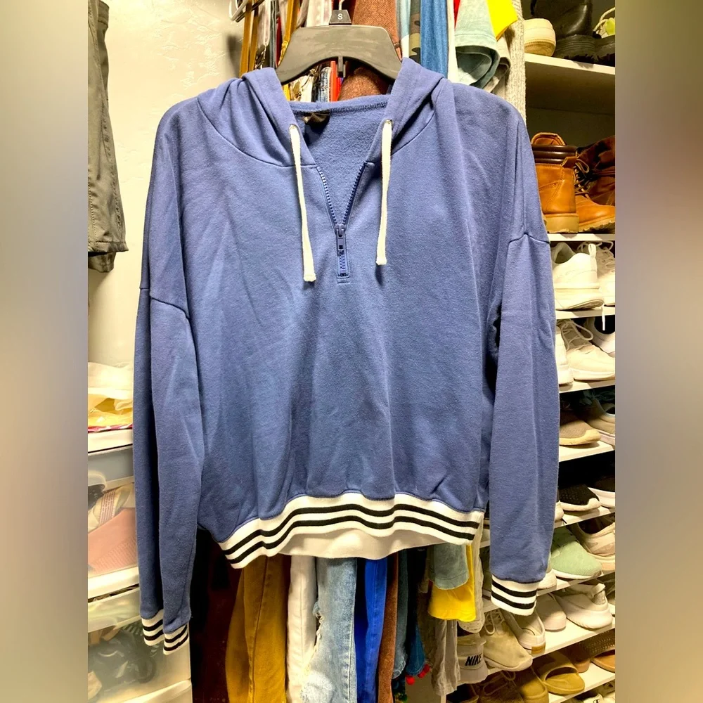 Free Press Blue Hooded Pullover With Black and White Striped Hem - Picture 1 of 3